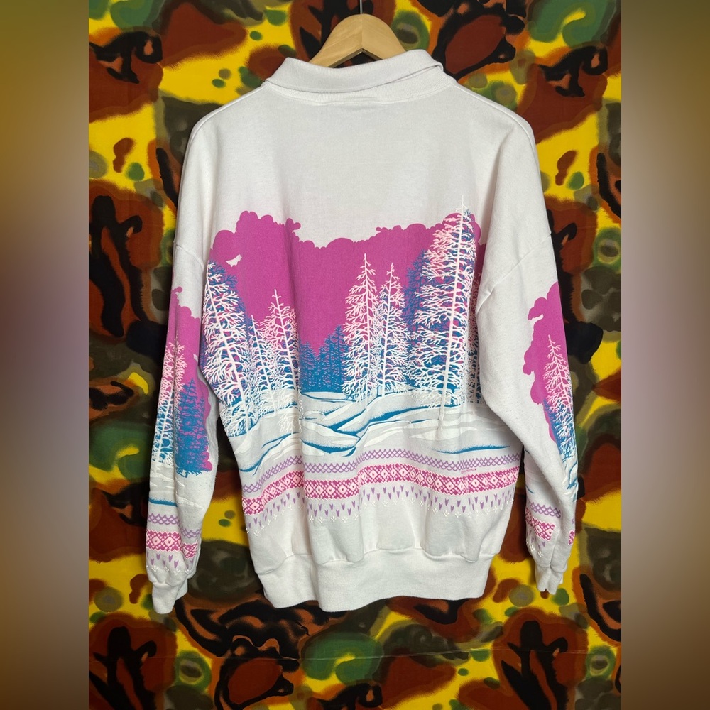 Vintage Snowy White and Pink Forest Print Sweatshirt - Picture 8 of 12